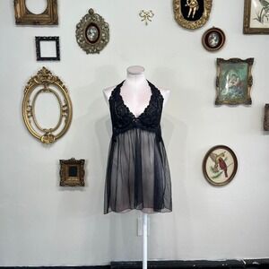 Victoria's Secret Black Sheer Lace Halter Babydoll Top – Size Large